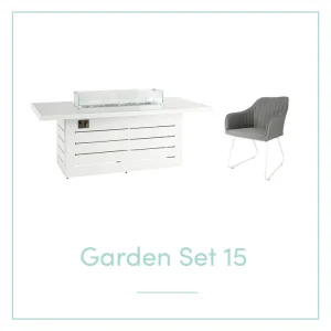 SANTORINI 6 SEAT OUTDOOR DINING SET 15 WITH FIREPIT.